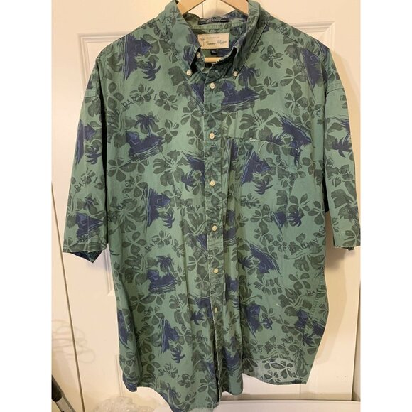 Vtg Tommy Hilfiger Green‎ Blue Men’s Sz XL Button Up Hawaiian Short Sleeve Shirt - Picture 1 of 8